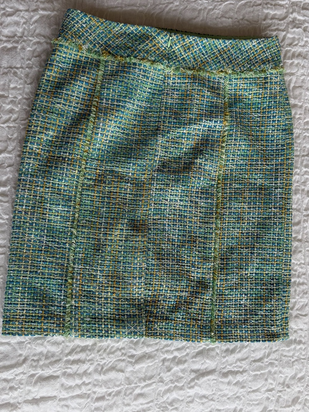 J McLaughlin Tweed A Line Skirt Teal Green Fringe Trim Lined Size 4 - Picture 10 of 12